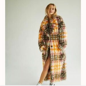 Free People We The Free Cardi Plaid Faux Fur Coat XS